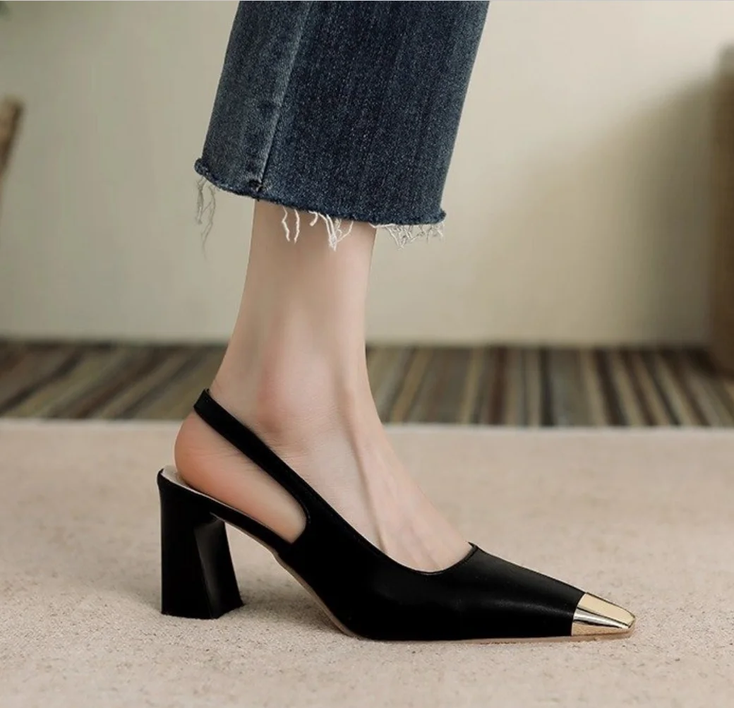 صنادل صيفية مفتوحة من الأمام للنساء بمقدمة مدببة وكعب عالي وكعب سميك بدون ظهر تصميم كوري أنيق للسيدات أحذية Zapatillas Mujer