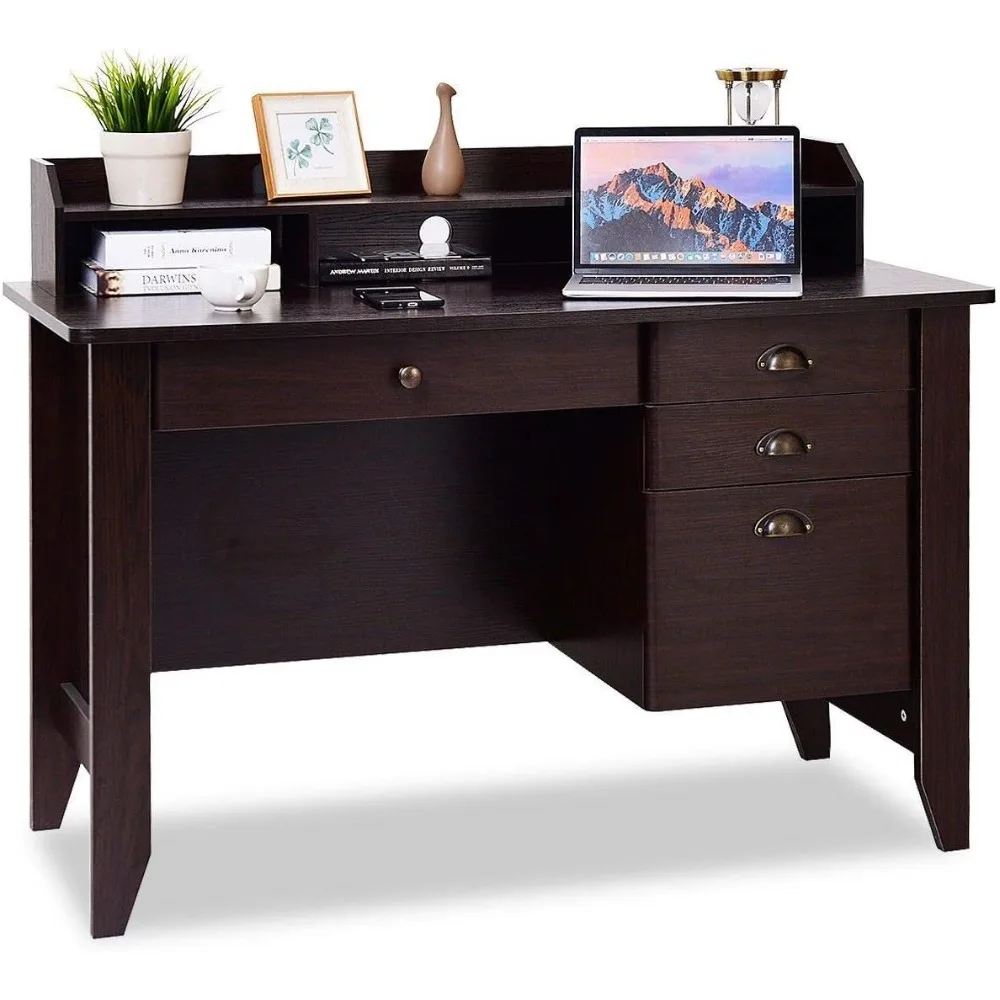 

Computer desk with 4 storage drawers and compartments, home desk, vintage desk with storage rack, wooden administrative desk