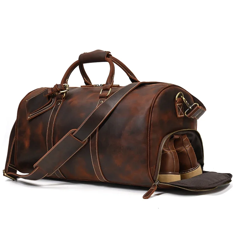 Stylish Luxury Travel Weekend Bag Crazy Horse Genuine Leather Duffel Bag With Shoe Compartment