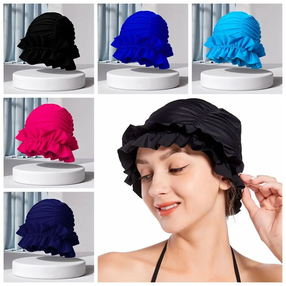 Moda rozciągliwa zasłona kapelusz kąpielowy chronią uszy darmowy rozmiar czepek kąpielowy Turban plisowane sportowe czepki kąpielowe kobiety dziewczęta