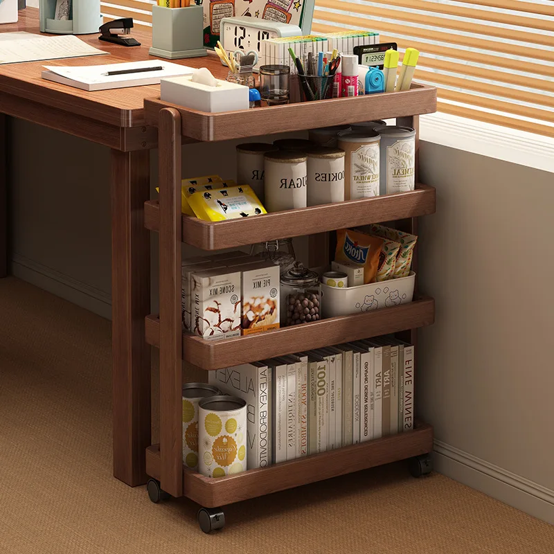 All solid wood bookshelf shelf floor trolley storage rack simple multi-layer snack shelf locker display rack