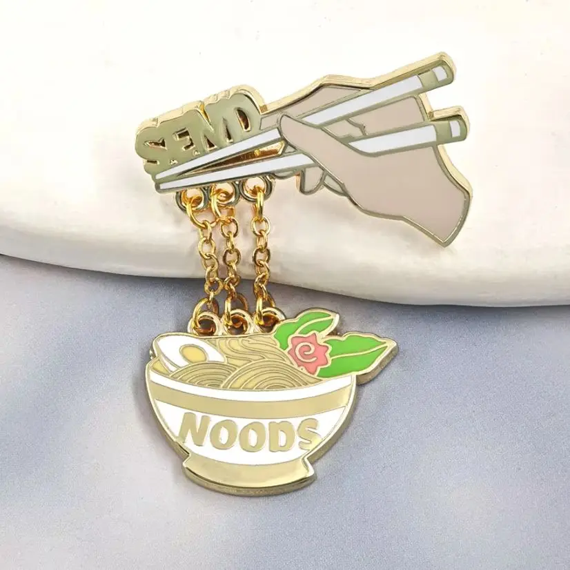 Send Noods Enamel Pin Funny Foodie Meme Brooch Chopsticks Ramen Noodles Dangle Chain Lapel Badge Cute Food Jewelry Gift For Frie