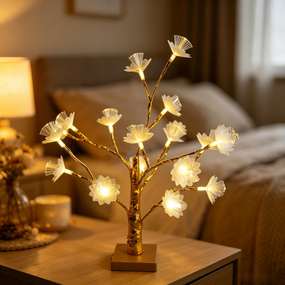 1PC Golden Birch Table Lamp, Paired With Double-Layer White Fiber Flowers, Battery Powered, Suitable For Bedroom Home Decoration