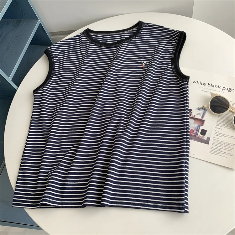 

Ретро синяя полосатая футболка с вышивкой пингвина, легкий круглый летний топ для женщин, дышащая хлопковая смесь