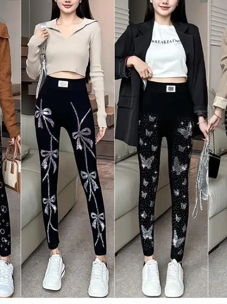 レディース 薄手 キラキラ ダイヤモンド ベースレイヤー タイトパンツ ハイウエスト 九分丈 カジュアル タイトフィット ボトムス