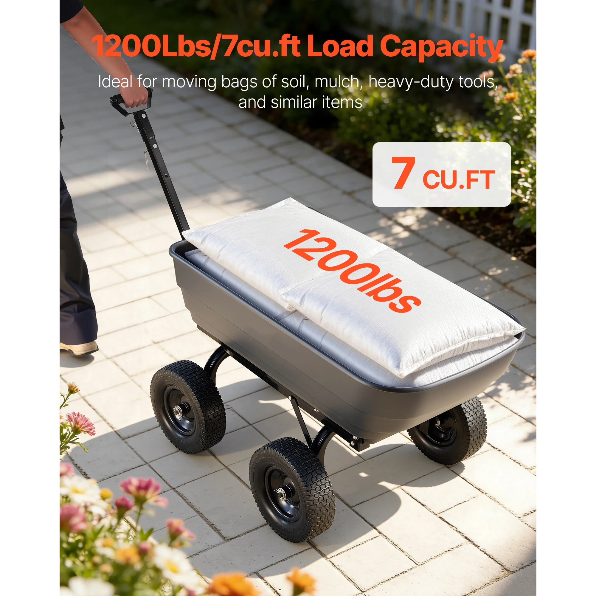 Garden Dump Cart, 1200 lbs Poly Dump Cart, 7 Cu.Ft. Garden Carts Dumps Wagon with 2-in-1 Convertible Handle, 90° Quick-Dumps Mechanism, 180° Swivel Wheels, Yard Wagon for Plants, Soil, Crops