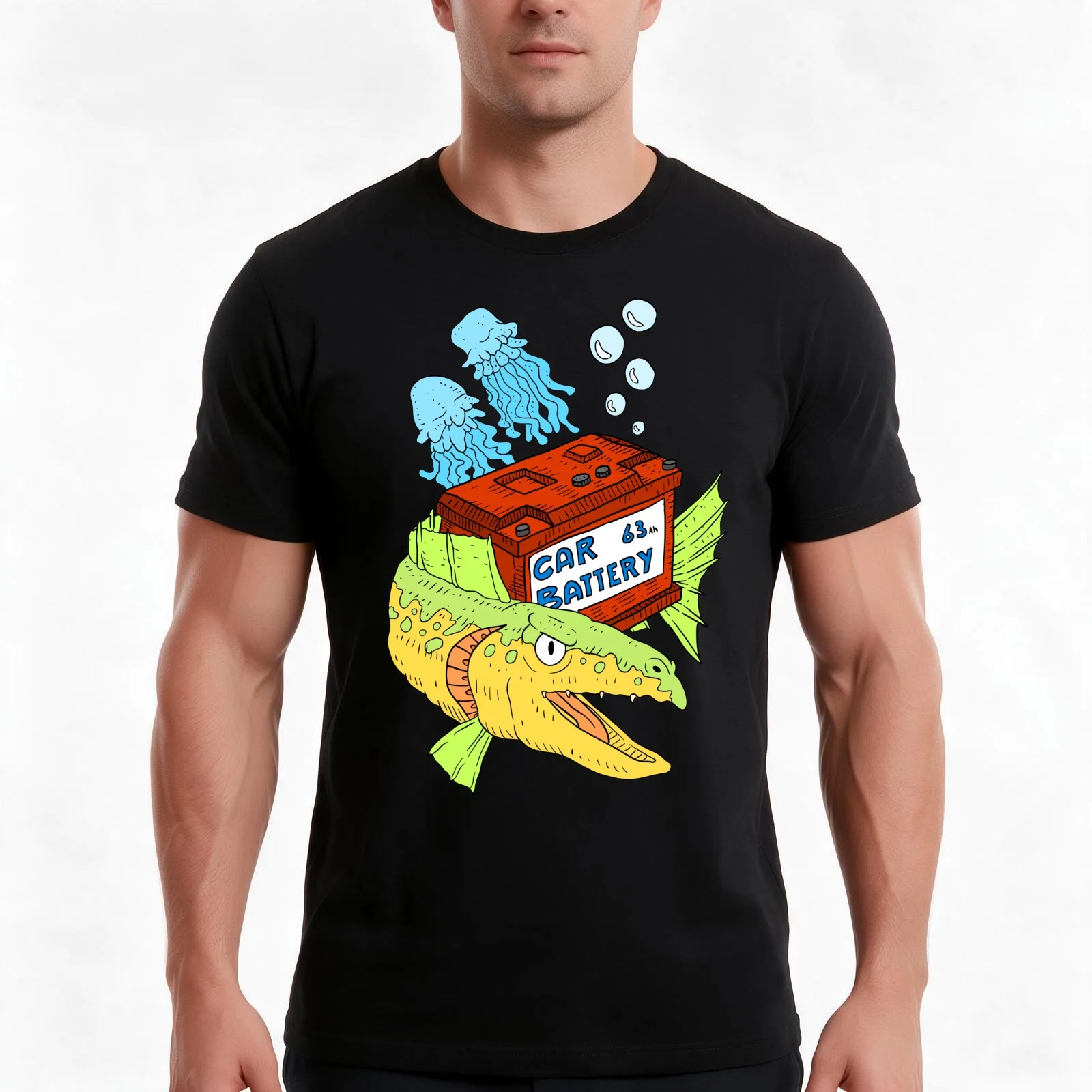throwing a car battery in the ocean. T-Shirt, Summer Casual Cotton Tee, Oversized Streetwear Tops, Vintage Graphic Print