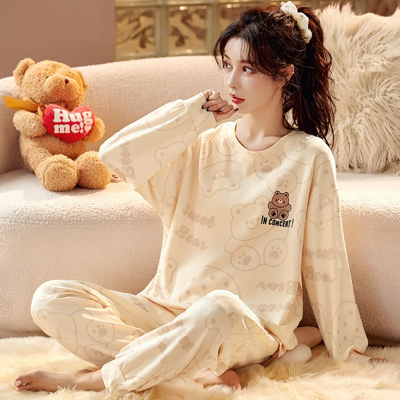 Spring Autumn Fashion New Women's Long-sleeved Pants Set of Lounge Wear Combed Cotton Cute Cartoon Pajamas