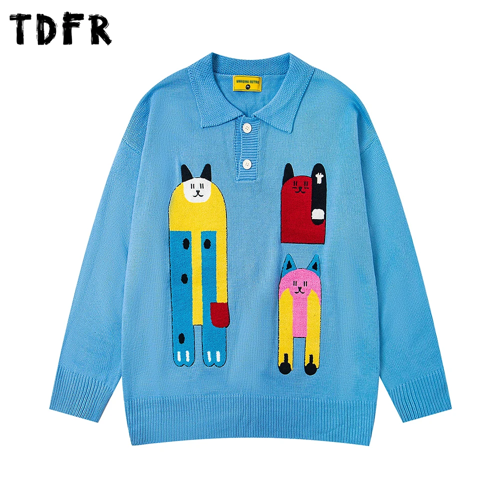 

Funny Embroidery Sweater Mens Autumn Winter Casual Retro Loose Lapel Drop Shoulder Knitted Pullover Man