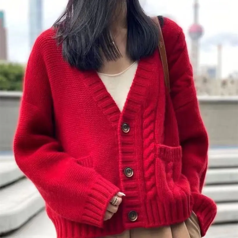 

Korean Fashion Autumn Winter New Thicken V-neck Knitted Cardigan for Women Loose Solid Twist Sweater Female Short Tops