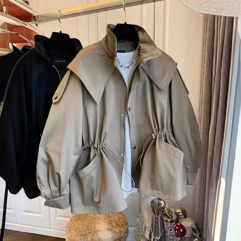 Women Jacket Loose Casual Drawstring Design Coat Hooded Zippers Comfortable Fashion Tooling Trench Coat Spring Autumn Retro Tops