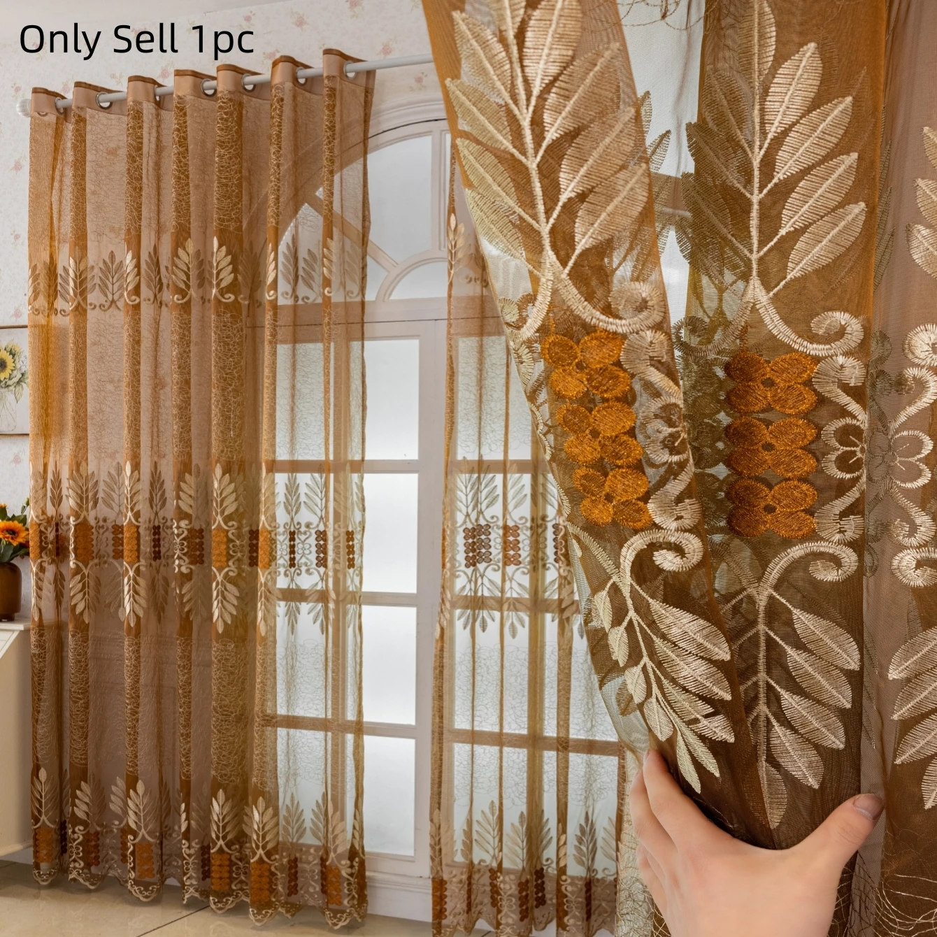 1pc American Farmhouse Warm Brown Sheer Curtains, Ornate Vine Embroidery, Grommet Top
