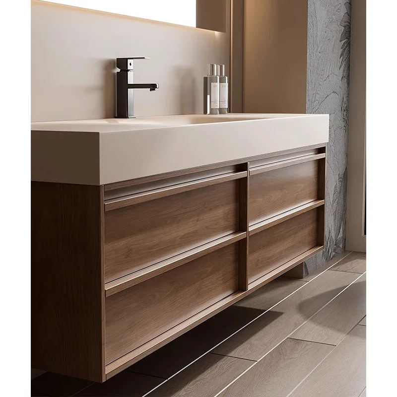 Retro medieval rock slab hot bending integrated basin bathroom cabinet combination solid wood bathroom
