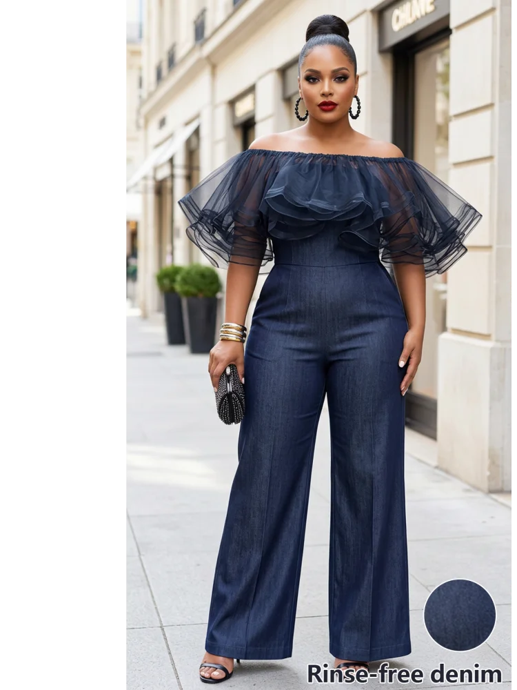 

Plus Size Off Shoulder Tulle Jumpsuit Wide Leg Casual Streetwear Outfit For Women New Arrival Apparel