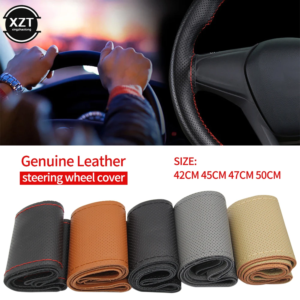 

42cm 45cm 47cm 50cm Car Truck Steering Wheel Cover Truck Bus DIY Handmade Genuine Leather Steering Wheel Covers Auto Accessories