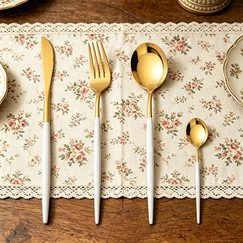 4Pcs White Gold Stainless Steel Cutlery Set Knife Fork Spoon Dinnerware Mirror Tableware Set Wedding Birthday Silverware Dinner