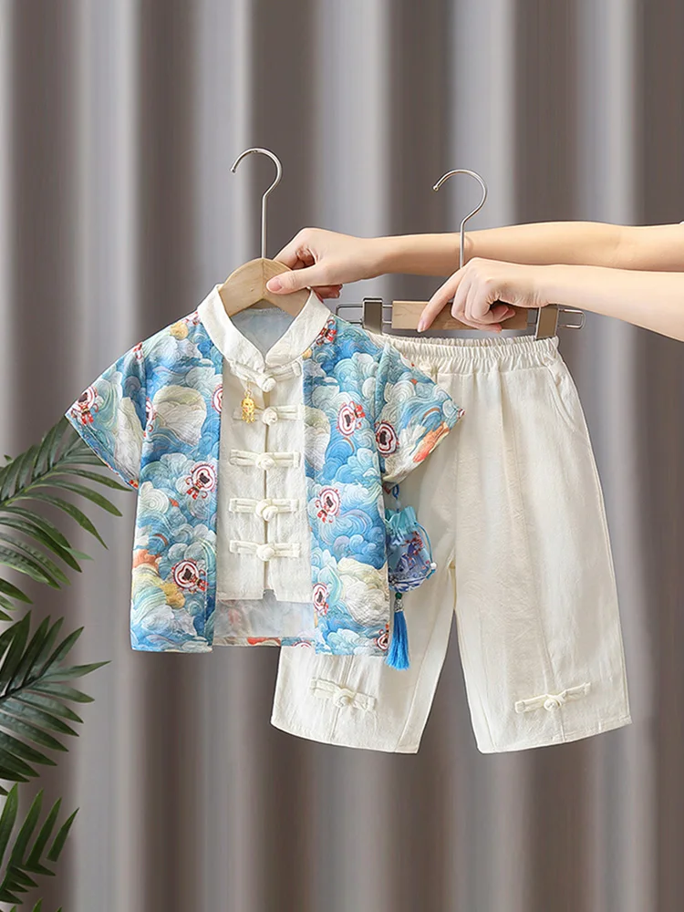 新しい2026年版-諸葛朗雅-男の子用-夏用-半袖-薄手-中華風セット-子供用普段着-伝統的な漢服-子供用衣装