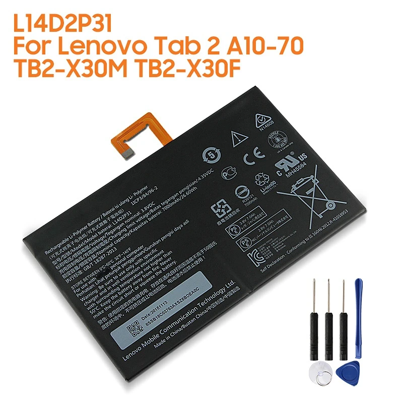 Replacement Battery L14D2P31 For Lenovo Tab 2 A10-70 LC/A10-70F TB2-X30F TB2-X30M Rechargeable Battery 7000mAh