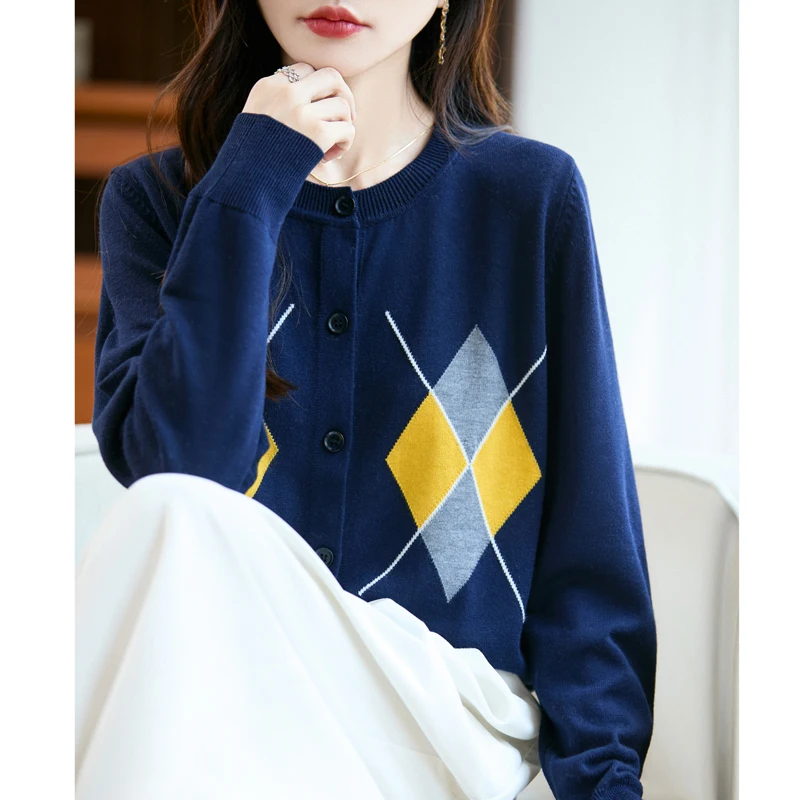 Diamond check round neck knitted cashmere cardigan women wear high-grade top