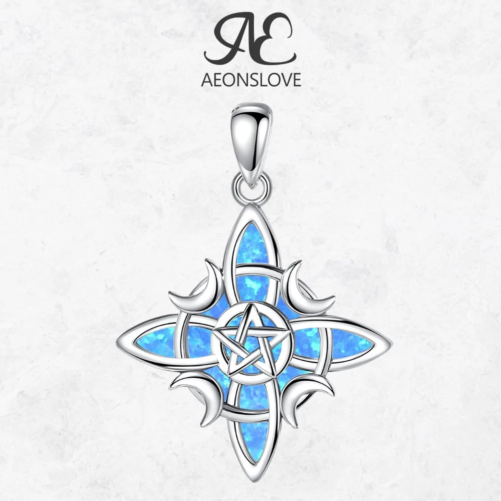 

AEONSLOVE 925 Sterling Silver Opal Witches Knot Necklace Wicca Moon Pentagram Pendant Pagan Jewelry Spiritual Gift for Women