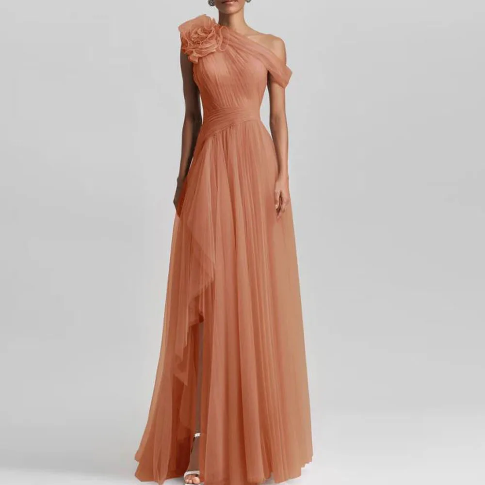 

Customized One Shouolder Flowy Bridesmaid Dresses Handmade Flower Boho Wedding Guest Dress Pleated Tulle Maid of Honor Dress