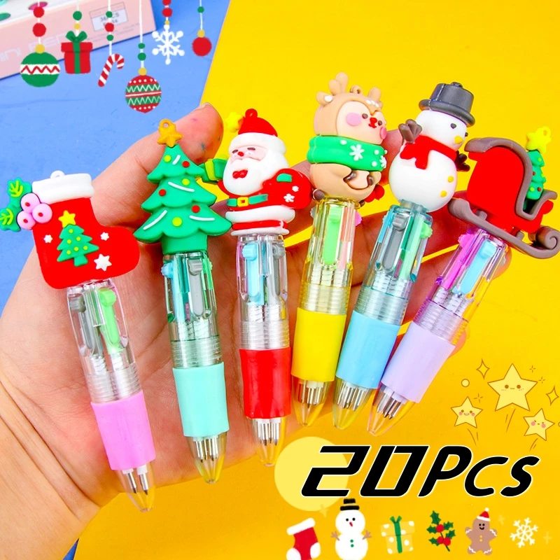 20Pcs/Lot Kawaii 4 Color Christmas Mini Ballpoint Pen Cute Cartoon Santa Elk Stocking Multicolor Office School Stationery Gifts