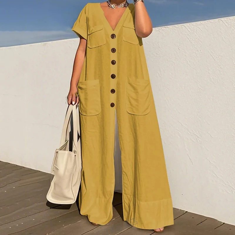 

Fashion New Item Solid Color V-neck Single-breasted Pocket Jumpsuit For Women Casual Loose Jumpsuits Female Trendy