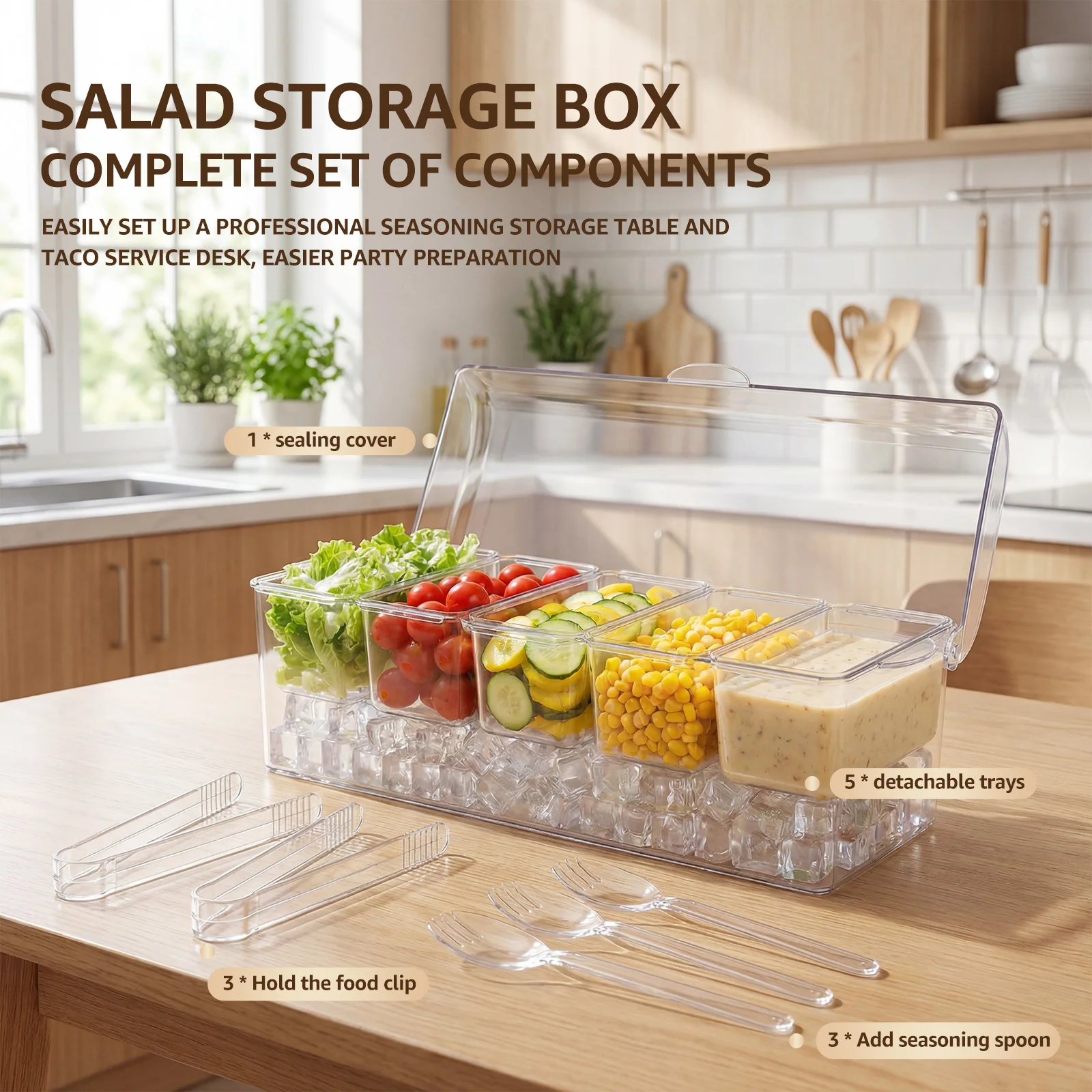 5 Compartment Seasoning Case Transparent Ice Chilled Condiment Caddy with 3 Spoon and 3 Tong Bar Accessories for Fruit and Salad