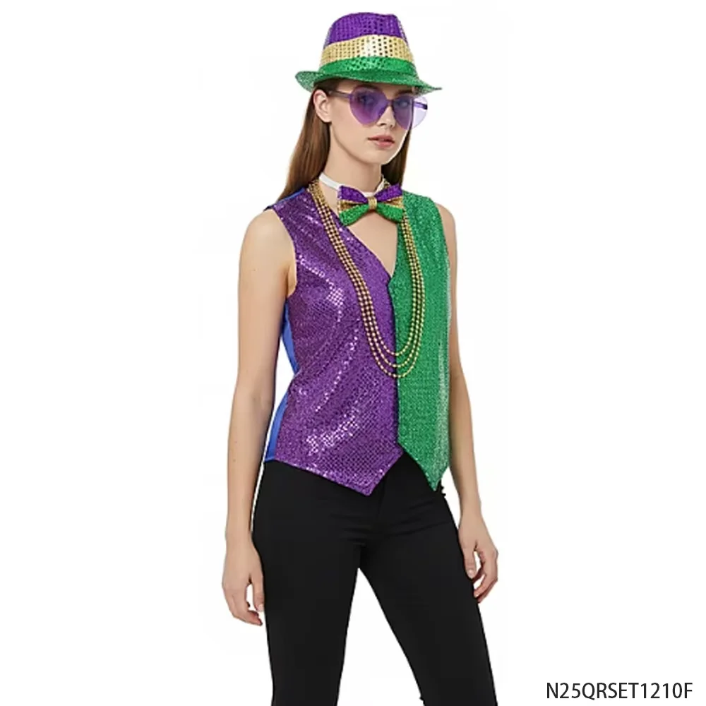 Zestaw Kostiumowy na Mardi Gras z Cekinami: Kapelusz, Kamizelka, Okulary, Naszyjnik z Koralików, Muszka, Akcesoria Imprezowe