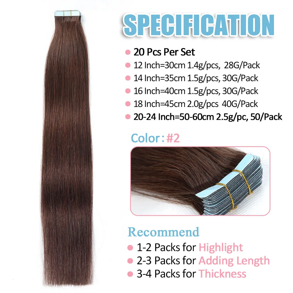 Straight Tape in Hair Extensions Human Hair PU Skin Weft Human Hair Invisible Tape Hair Seamless Tape in Hair Extension 20/40pcs