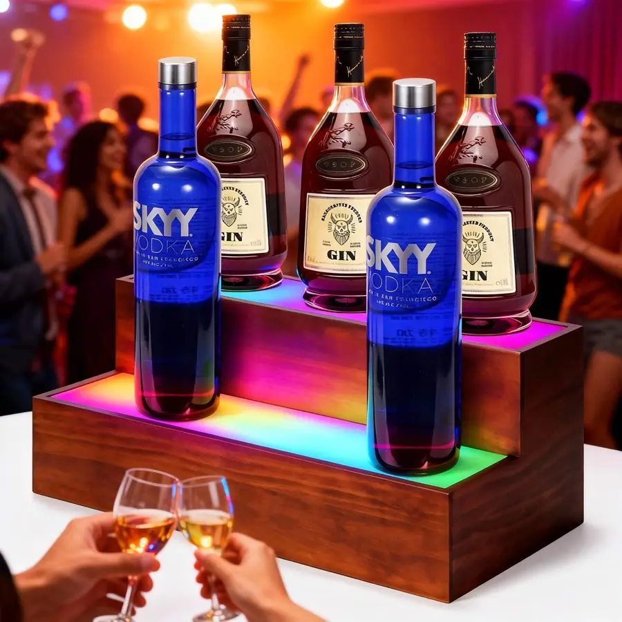 Rak Pajangan Botol Minuman Berlampu 16 Inci, Rak Bar LED 2 Tingkat, Rak Bar Minuman untuk Bar Rumah