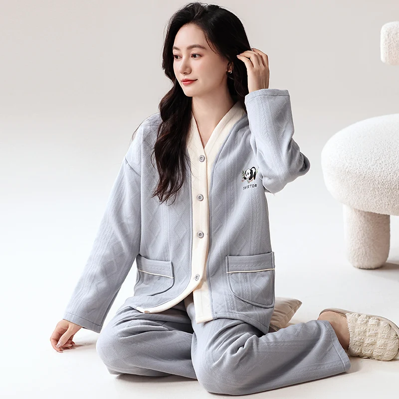 

Женские осенние тонкие стеганые пижамы, хлопковая теплая женская одежда для сна, зимние пижамы с длинными рукавами, женские пижамы большого размера M-XXXL, Mujer