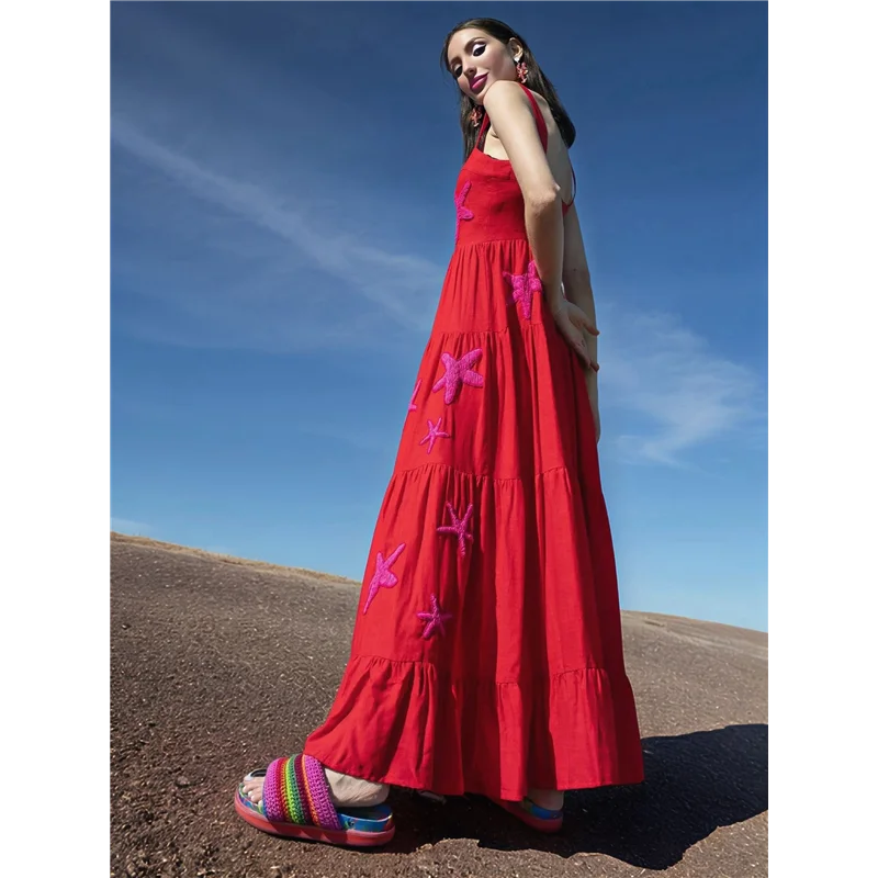 ABP-Vestito lungo ricamato da donna senza maniche smock fluido prendisole Boho Abiti lunghi estivi Vocazione sulla spiaggia