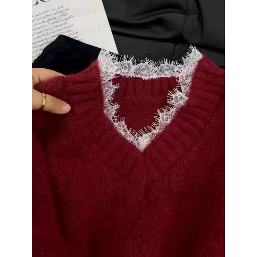 Ele V-Ne ニットセーター レディース 秋冬 レーストリム フェイクツーピース ルーズフィット 快適なロングスベトップ