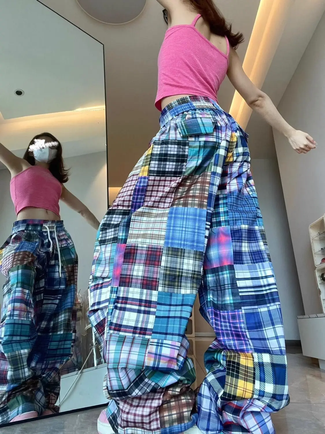 New design sense niche American retro color checkered wide-leg pants women's versatile checkered floor-length pants