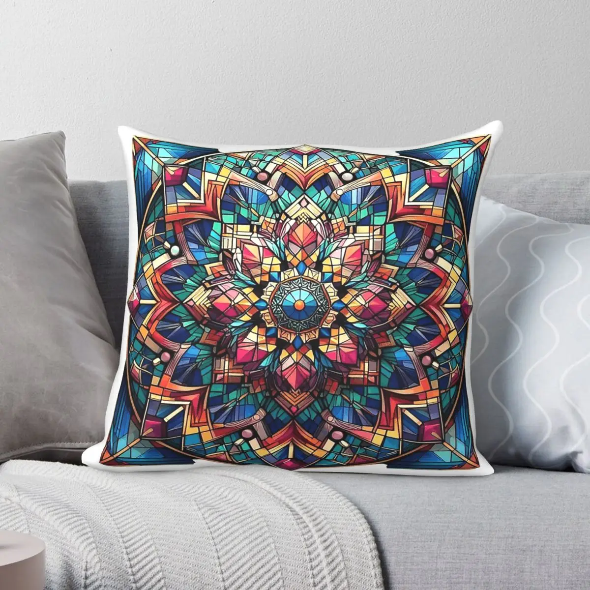 Vibrant Stained Glass Geometric Square Pillowcase Polyester Linen Velvet Printed Zip Decorative Pillow Case Sofa Cushion Cover