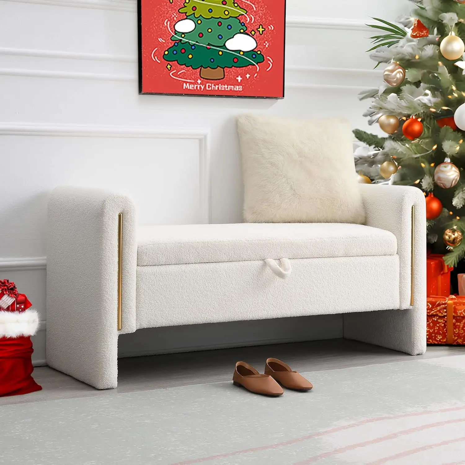

Teddy Upholstered Storage Ottoman Bench with Armrest & Cushion, for Entryway, Bed End or Living Room