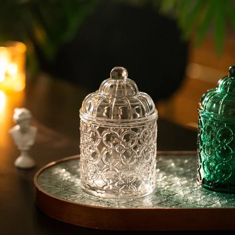 【Premium】Vintage Emerald Green Glass Storage Jar | Transparent Organizer for Cotton Swabs & Jewelry | Mid - Century Modern Decor