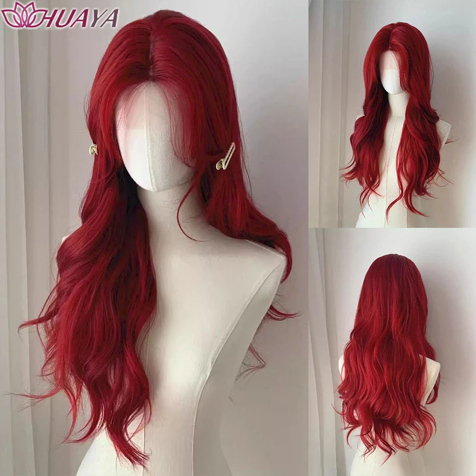 Synthetic Red Long Wavy Wig for Women Middle Part Full Hairpiece Cosplay Daily Party Costume Wig