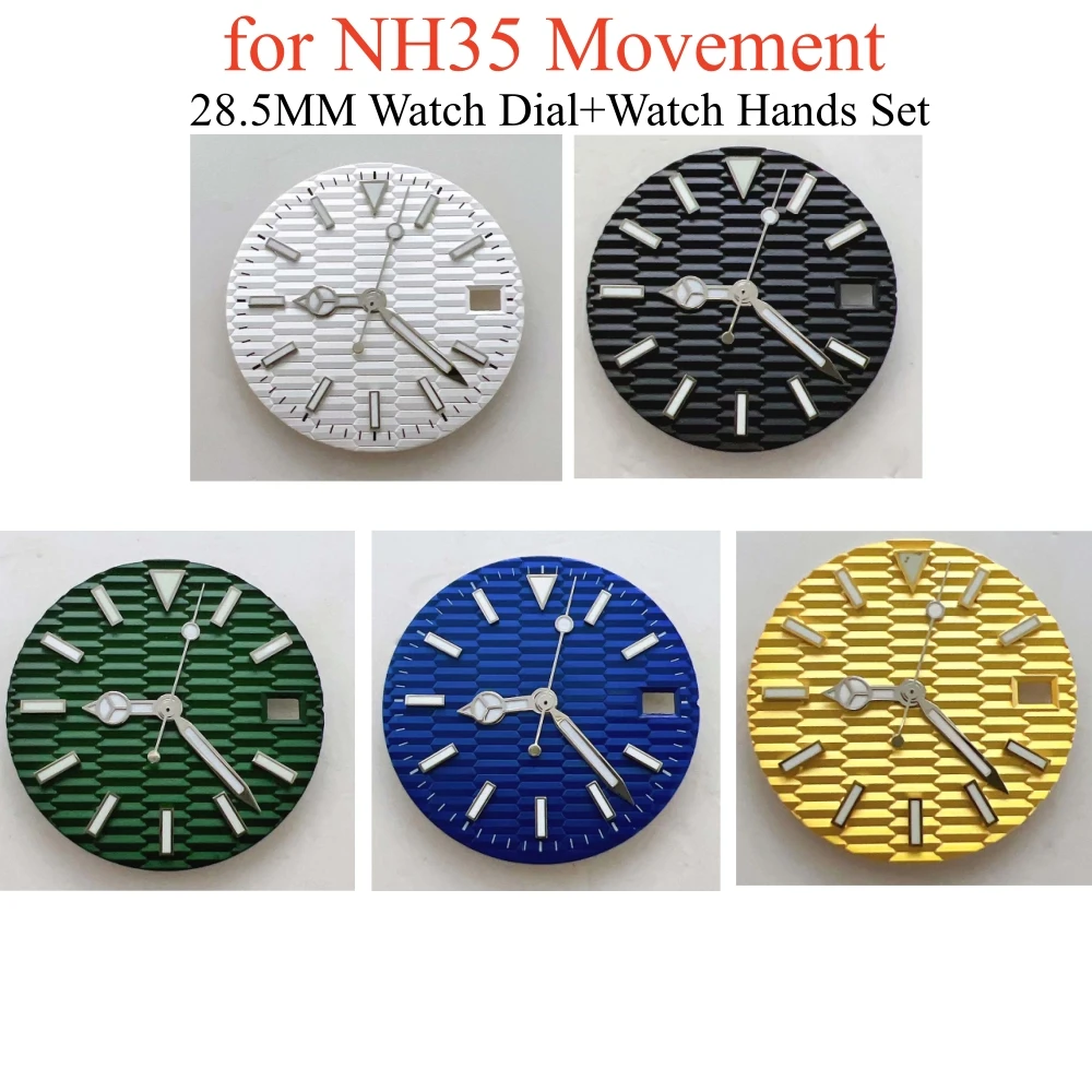 28.5MM Watch Dial+Watch Hands Set for NH35 Movement Silver Hands Replacement Blue-Green Luminous Dial Hands Watch Accessories