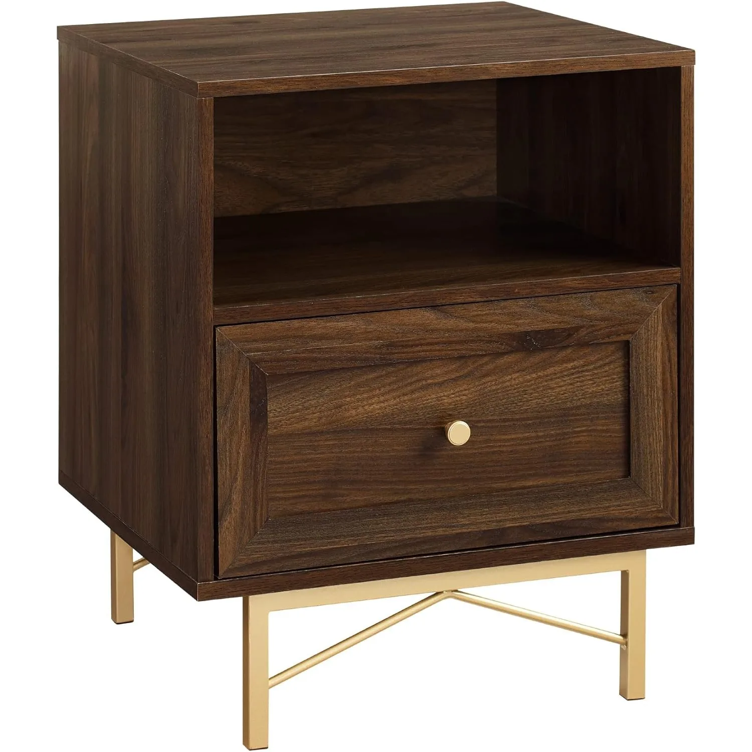 Walker Edison Morgan Contemporary Wood and Metal 1 Drawer Nightstand with Gold Accents, 25 Inch, Dark Walnut