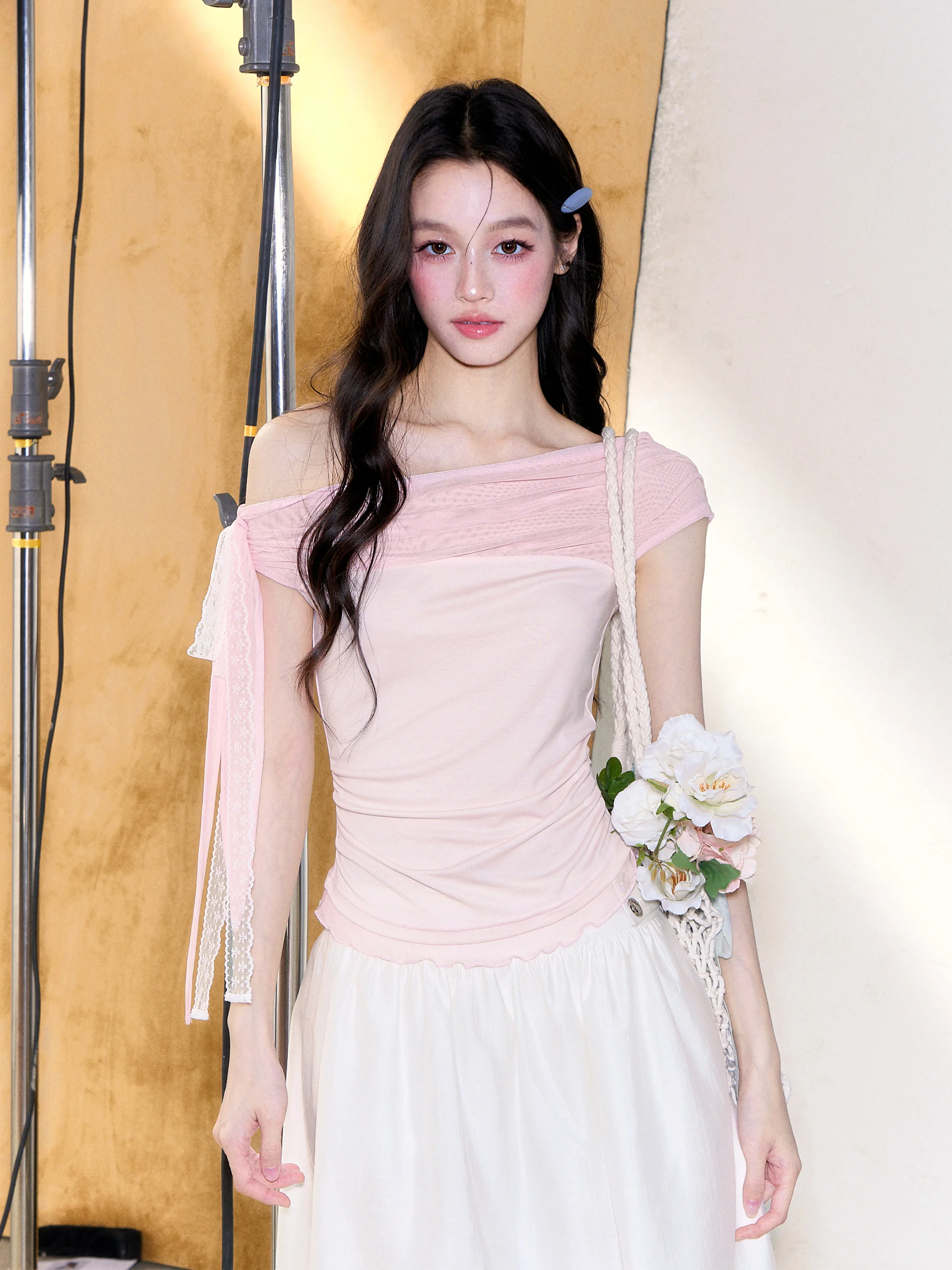 Korean Style Cherry Wine Lace Patchwork T-Shirt for Girls Summer Slim Fit Short Sleeve Floral  Ruffle Hem Casual Top