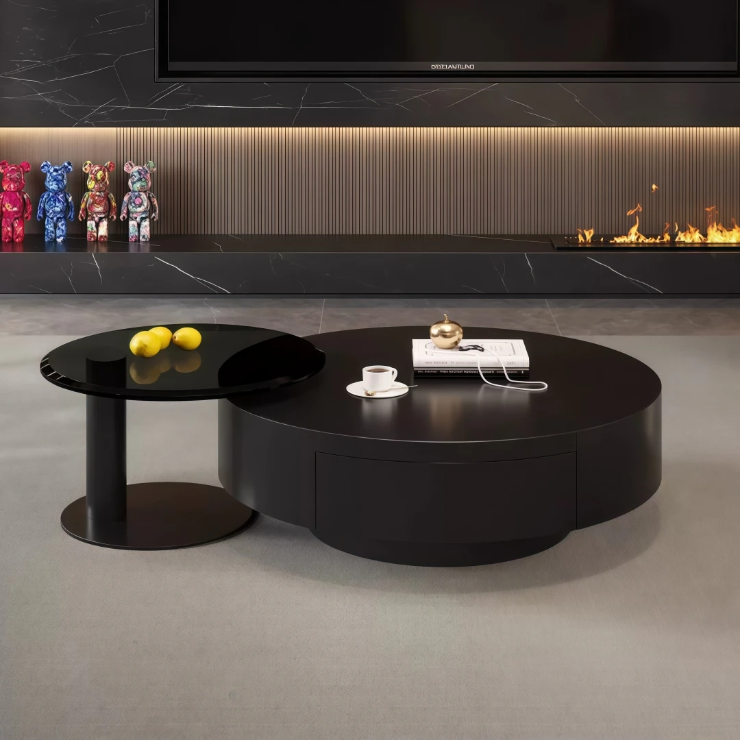 xx-Italian Minimalist Light Luxury Black Round Stainless Steel Coffee Table Set for Apartment Home Living Room High End Texture&