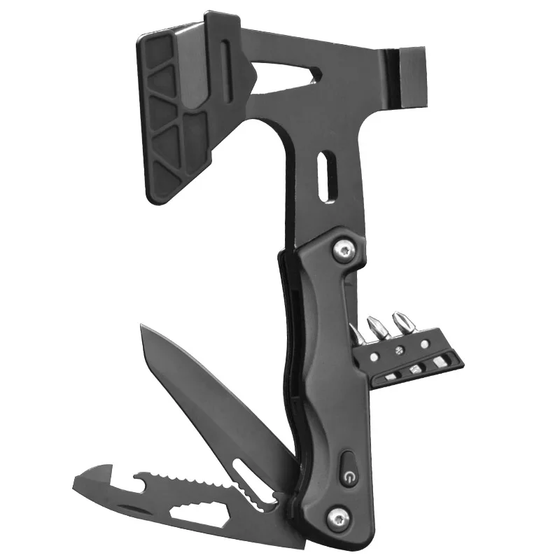 

Outdoor Camping Site Nail Hammer with LED Light Mini Axe Portable Multifunctional Safety Hammer Folding Knife Bottle Opener