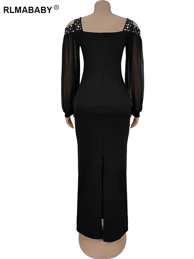 RLMABABY elegante diamante cuello cuadrado hombro recortado mujeres fiesta vestido largo ajustado Sexy Club negro vaina Maxi vestido