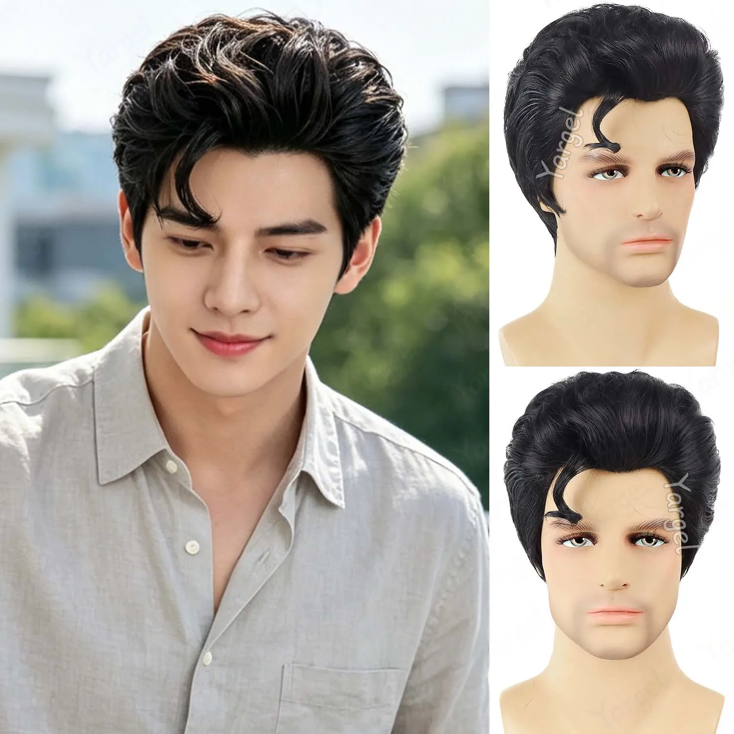 

Synthetic Men Black Elvis Costume Wig for Halloween Cosplay Party Super Funny Man Wig Short Layered Black Disco Rocker Adult Wig