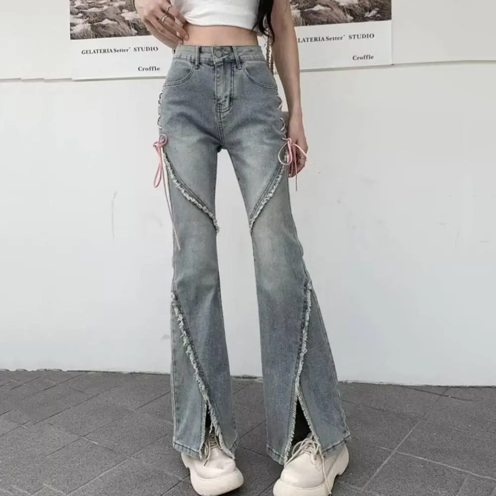 

Spliced Bootcut Trousers High Waist Flared Hem Ripped Jeans with Strap Decor Patchwork Detail Women's Streetwear Trousers