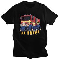 Custom Fireman Sam T Shirt for Men Pure Cotton Tshirt Leisure Tee Short Sleeve Cartoon Firefighter T-shirt Clothing Gift