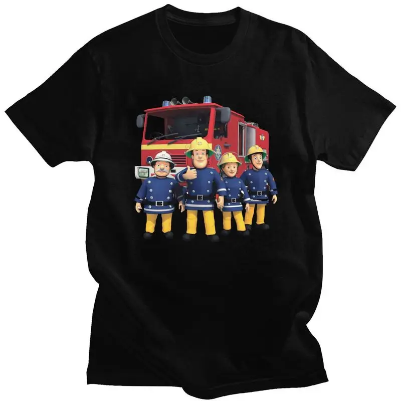 Custom Fireman Sam T Shirt for Men Pure Cotton Tshirt Leisure Tee Short Sleeve Cartoon Firefighter T-shirt Clothing Gift