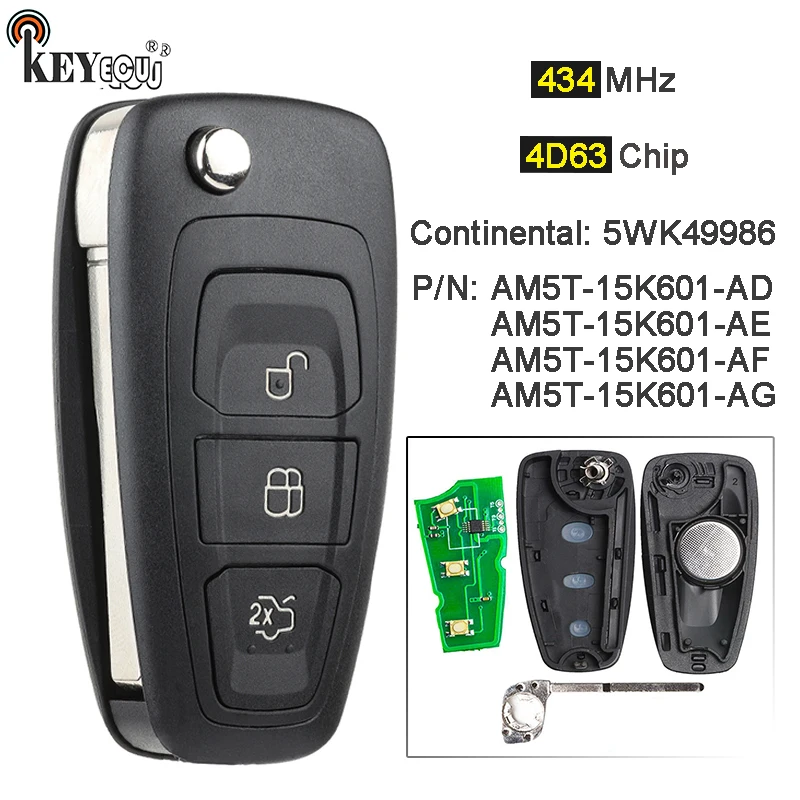 KEYECU 434MHz 4D63 Chip 5WK49986 Replacement Remote Key Fob 3 Button  for Ford C-Max S-Max Focus MK3 Grand Mondeo 2010-2018